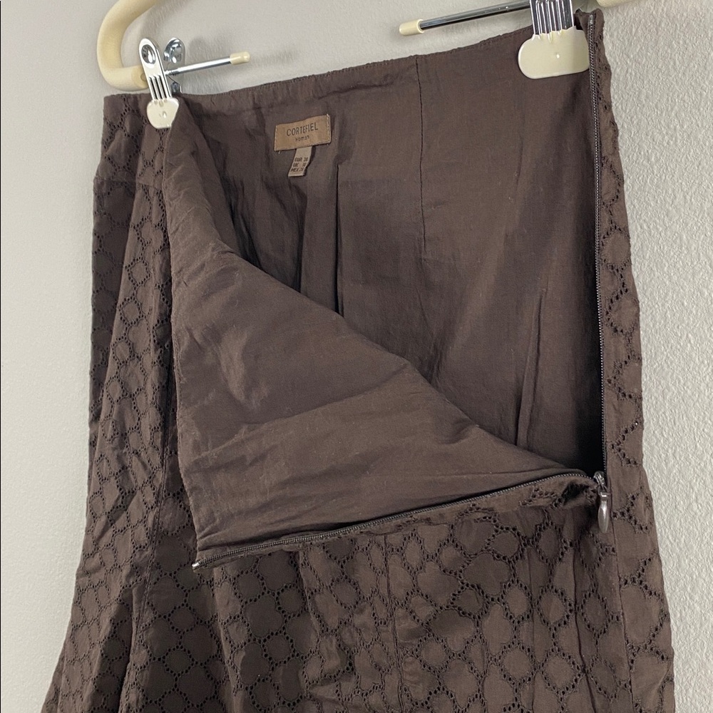 Cortefiel Boho Embroidered Eyelet Godet Skirt | Pleated, Lined, Side Zip | Brown - Picture 12 of 16